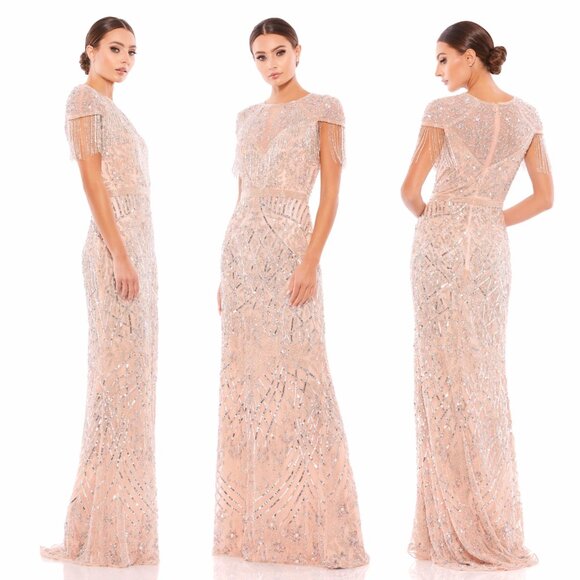 MAC DUGGAL EMBELLISHED FRINGE CAP SLEEVE TRUMPET GOWN